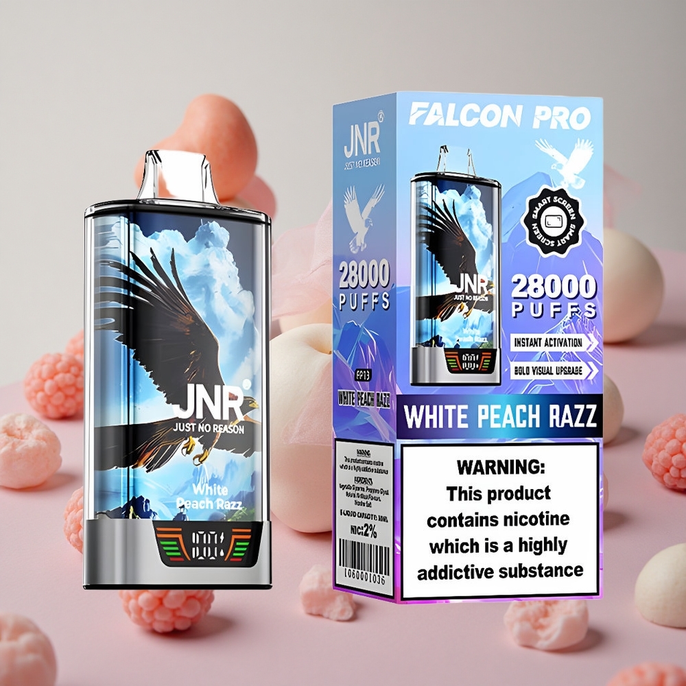 Bílá broskev & malina JNR Falcon Pro 28000 28000 šluků 30ml předplněná kapacita USB Type-C nabíjení velkoobchod Česká Republika